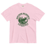 Moose wilderness badge design on a Blossom garment-dyed cotton t-shirt