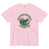 Moose wilderness badge design on a Blossom garment-dyed cotton t-shirt