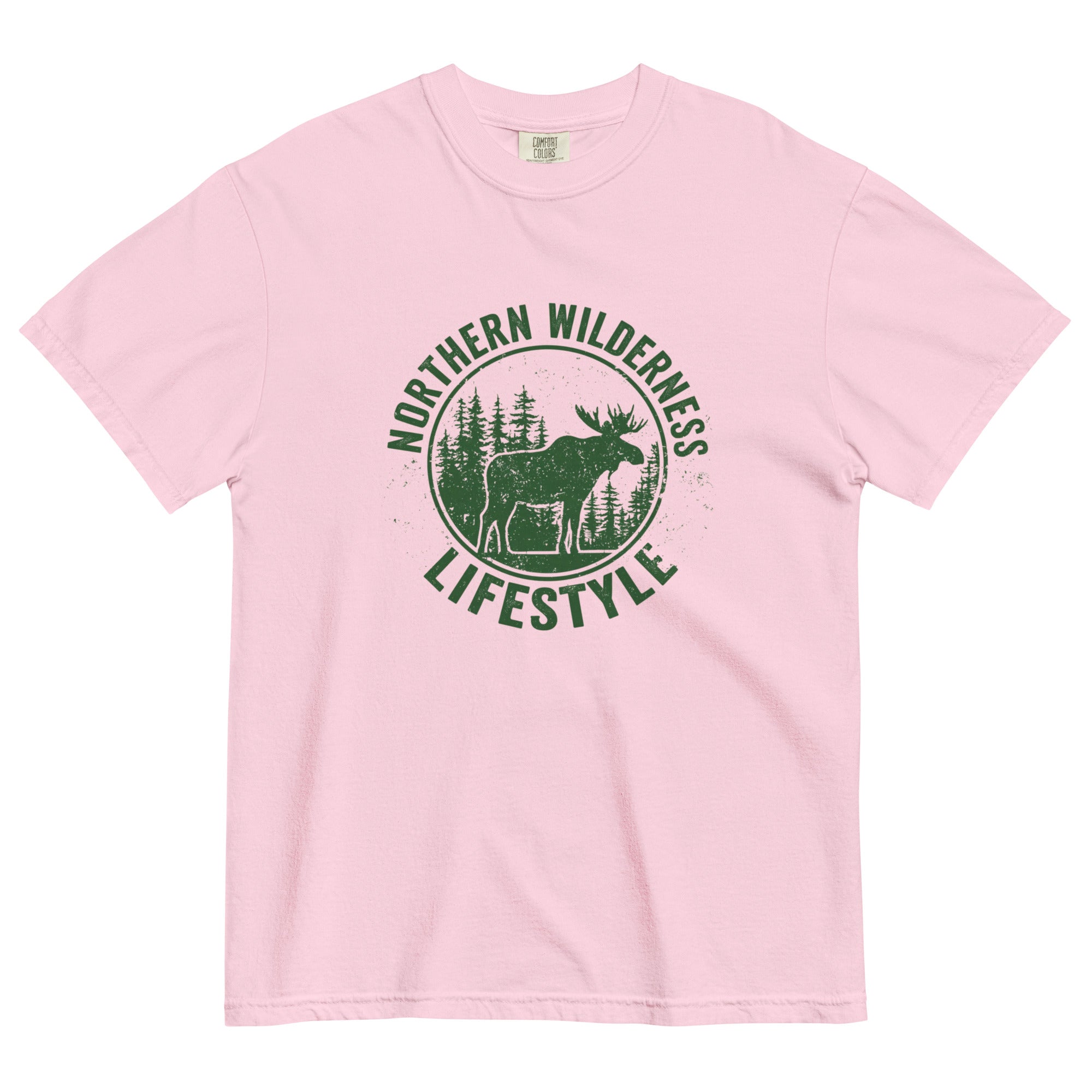 Moose wilderness badge design on a Blossom garment-dyed cotton t-shirt