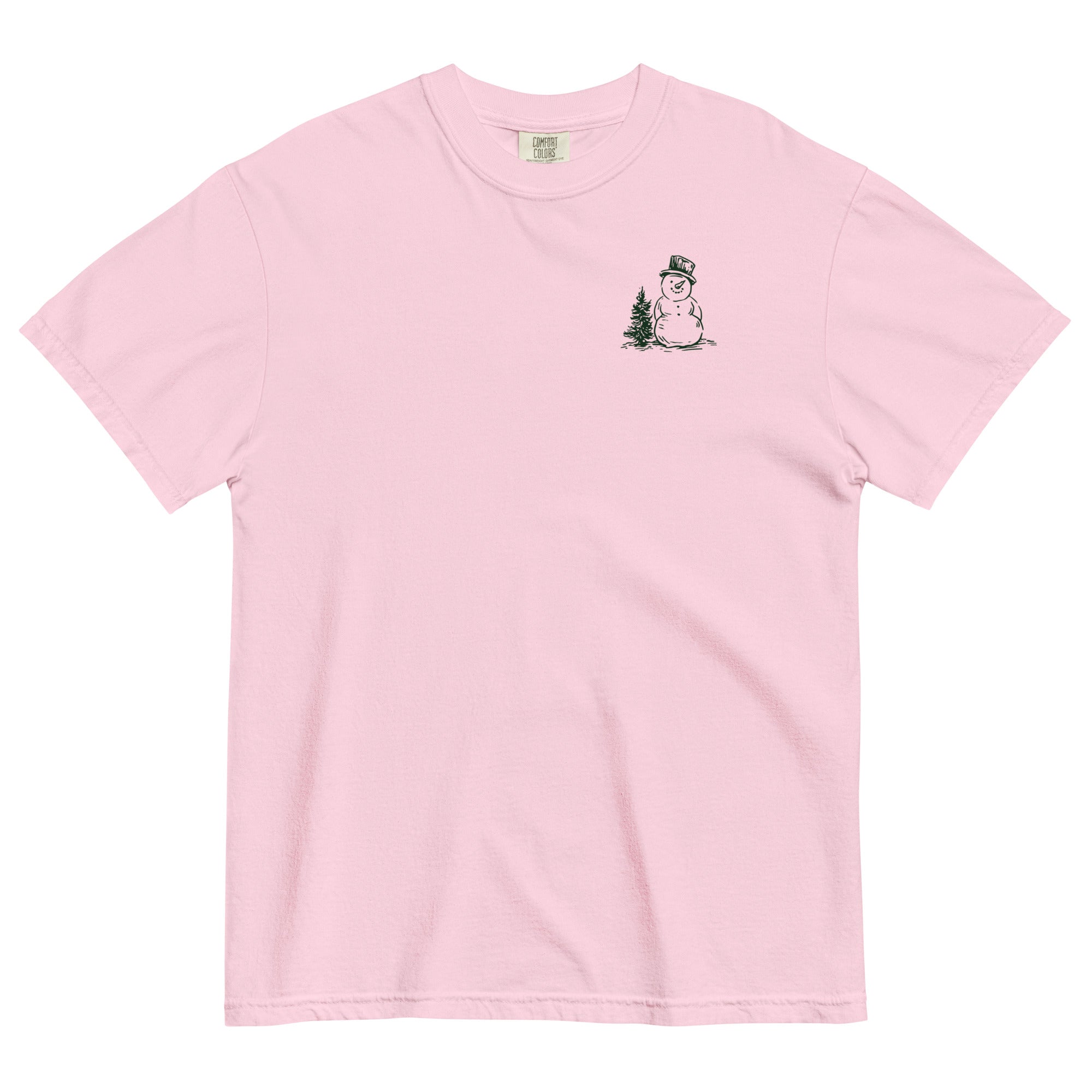 Snowman and pine tree design on a Blossom garment-dyed cotton t-shirt