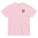 Elf and pine tree design on a Blossom garment-dyed cotton t-shirt