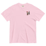Elf and pine tree design on a Blossom garment-dyed cotton t-shirt