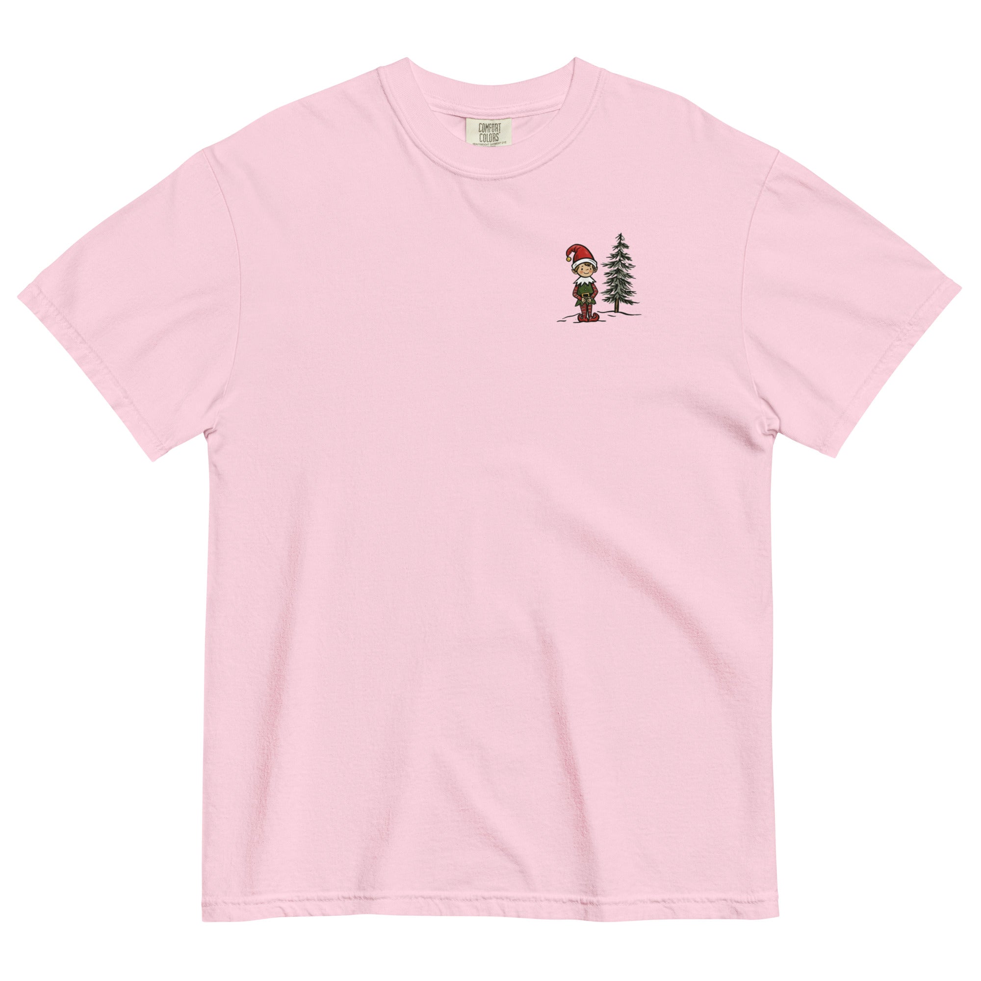 Elf and pine tree design on a Blossom garment-dyed cotton t-shirt