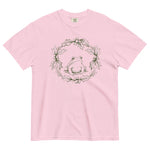 Frog in a holly wreath design on a Blossom garment-dyed cotton t-shirt