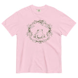 Frog in a holly wreath design on a Blossom garment-dyed cotton t-shirt