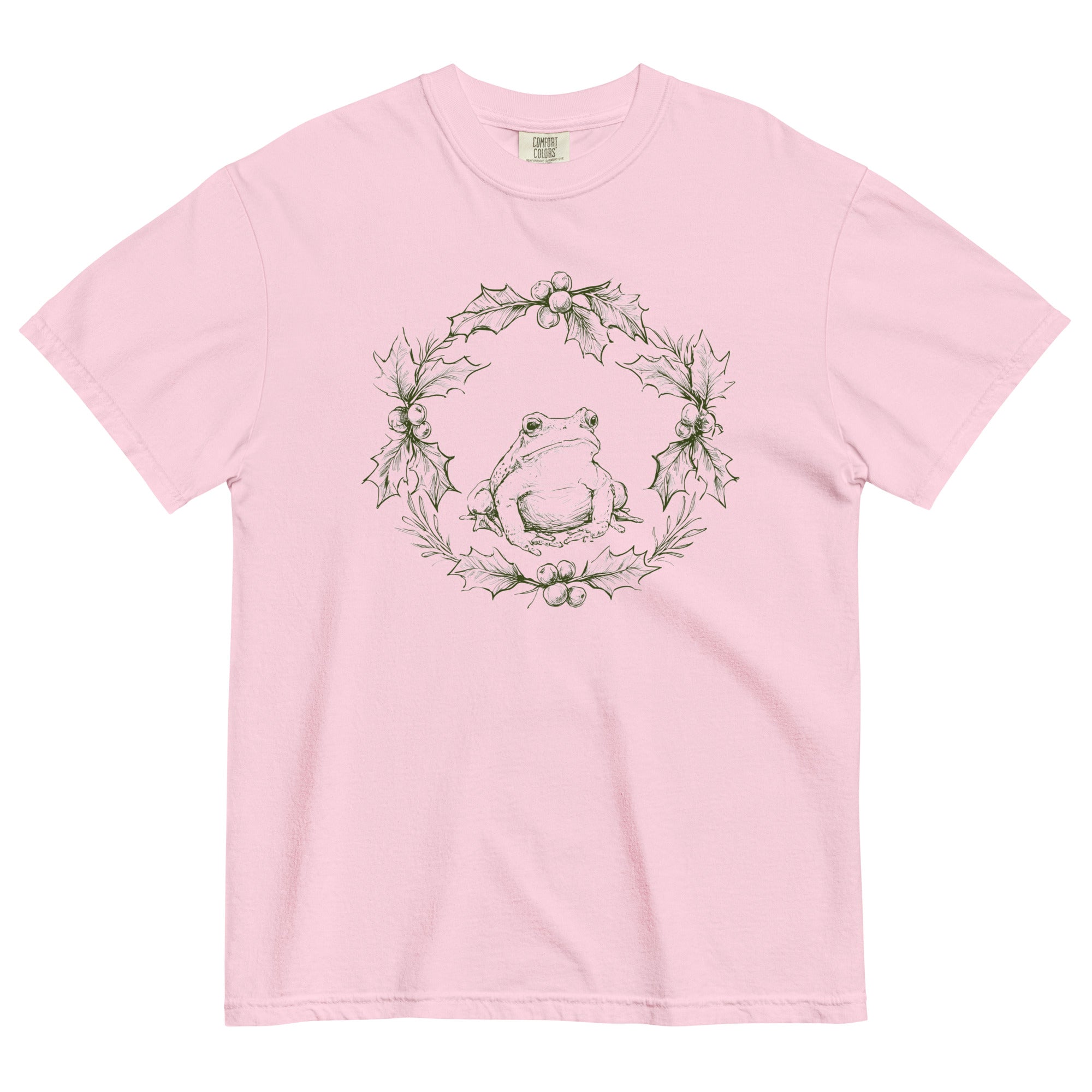 Frog in a holly wreath design on a Blossom garment-dyed cotton t-shirt