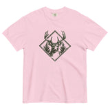 Stag and pines diamond emblem design on a Blossom garment-dyed cotton t-shirt