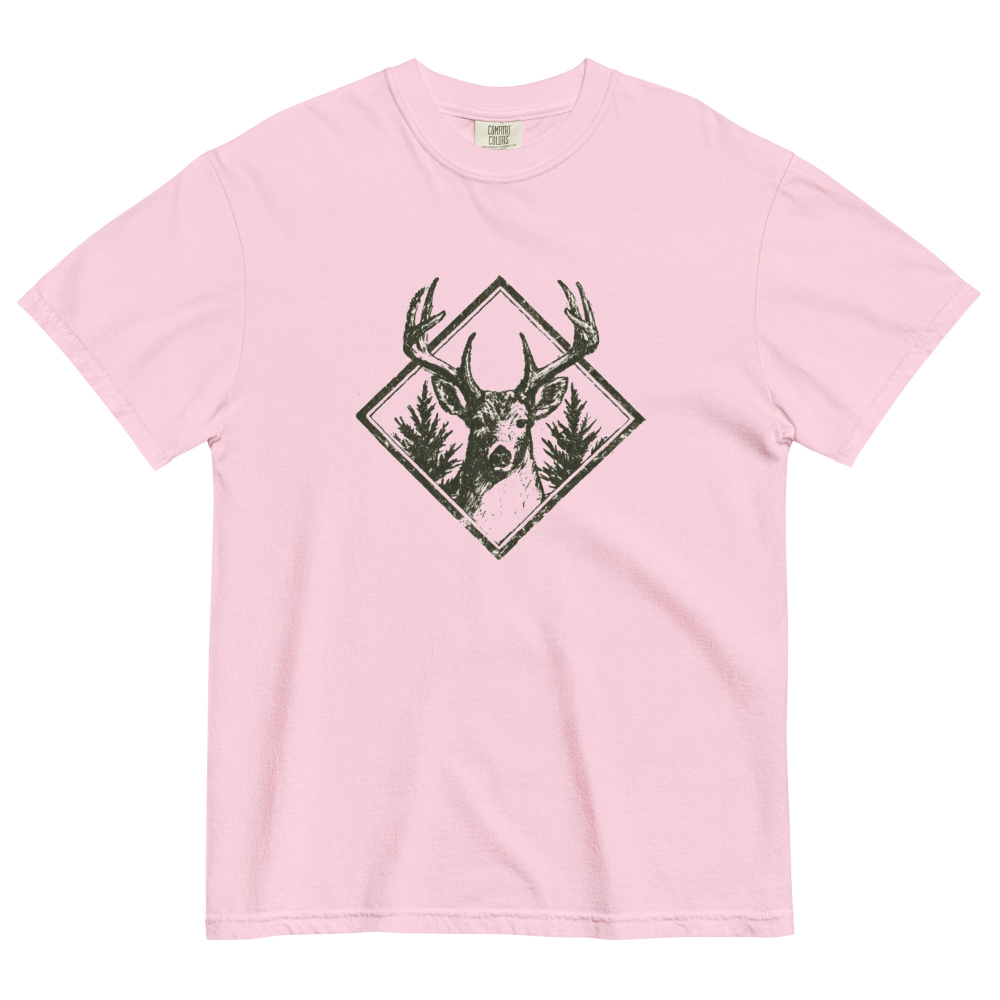 Stag and pines diamond emblem design on a Blossom garment-dyed cotton t-shirt