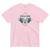 Stag emblem with pine and snow design on a Blossom garment-dyed cotton t-shirt