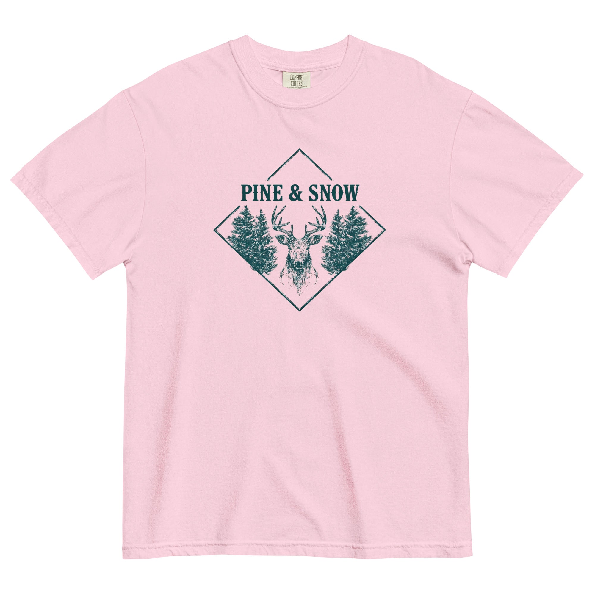Stag emblem with pine and snow design on a Blossom garment-dyed cotton t-shirt