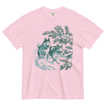 Huskies running in the snow design on a Blossom garment-dyed cotton t-shirt