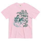 Huskies running in the snow design on a Blossom garment-dyed cotton t-shirt