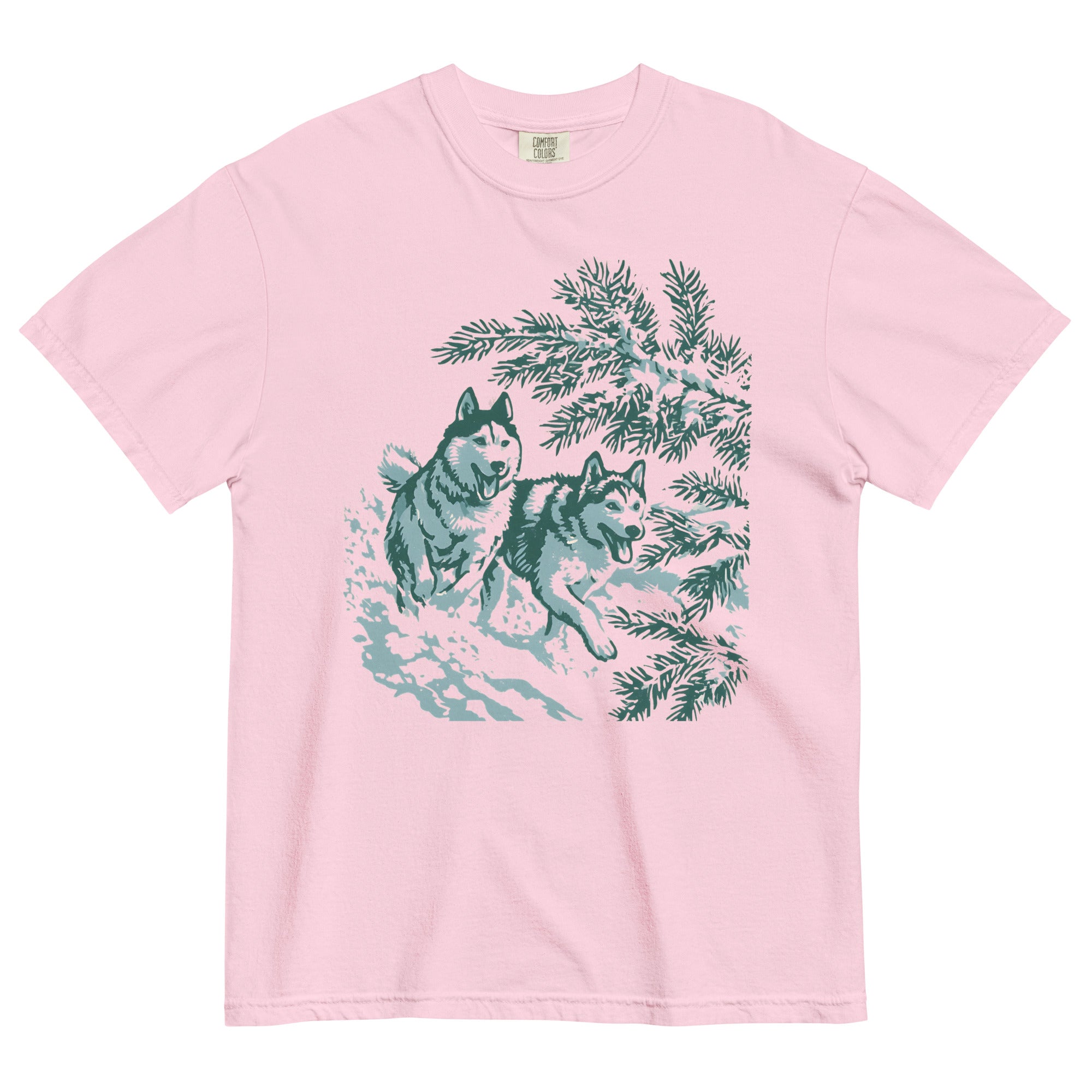 Huskies running in the snow design on a Blossom garment-dyed cotton t-shirt