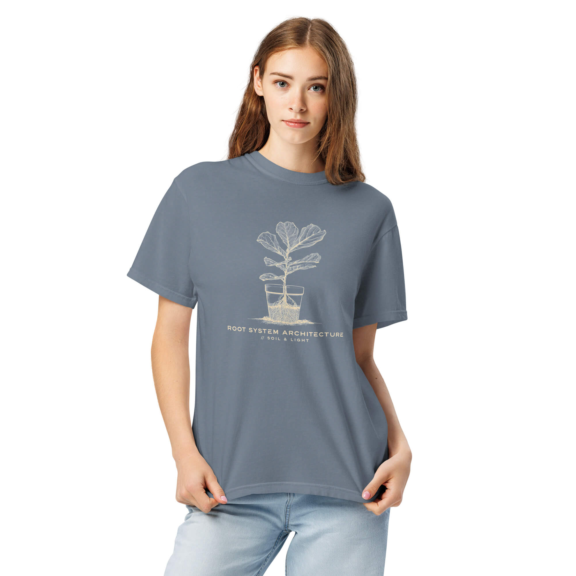 Root system architecture plant design on a Blue Jean garment-dyed cotton t-shirt