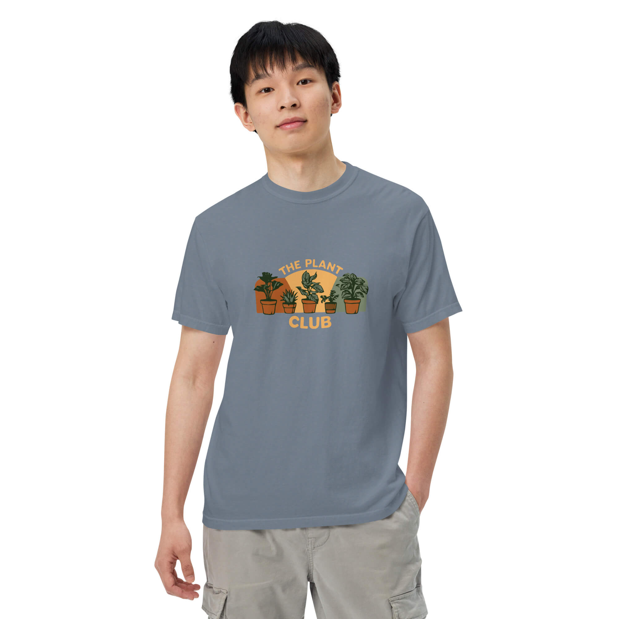 The Plant Club houseplants design on a Blue Jean garment-dyed cotton t-shirt