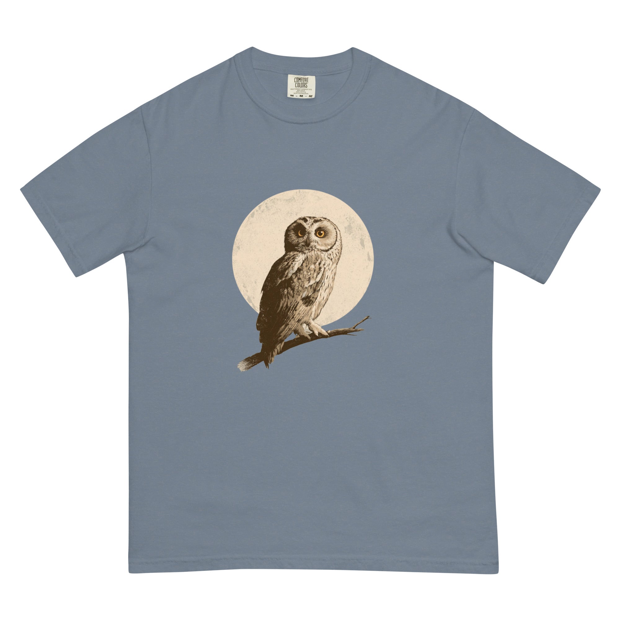 Owl and full moon design on a Blue Jean garment-dyed cotton t-shirt