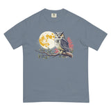 Great horned owl and autumn moon design on a Blue Jean garment-dyed cotton t-shirt