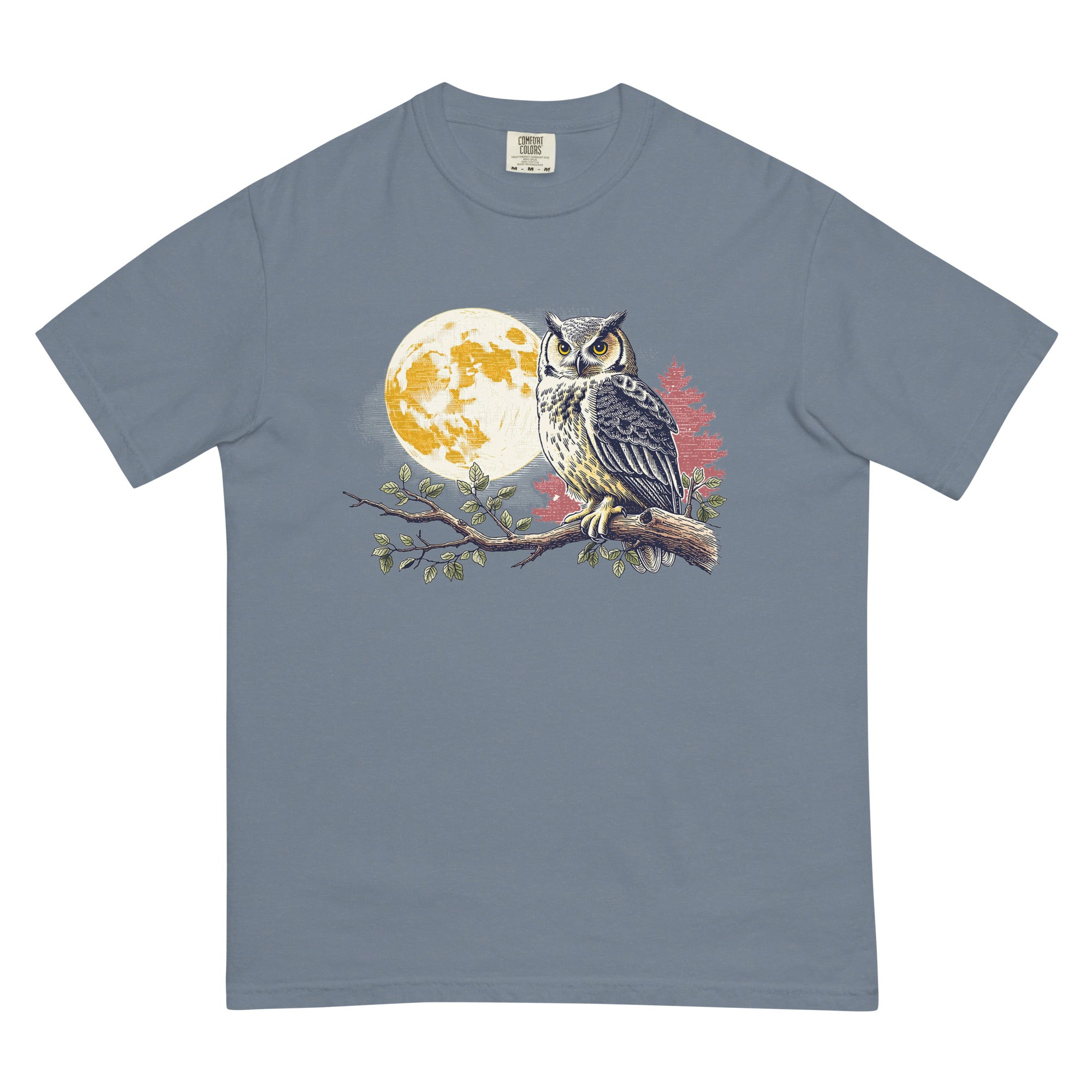 Great horned owl and autumn moon design on a Blue Jean garment-dyed cotton t-shirt