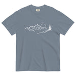 Mountain sunrise line design on a Blue Jean garment-dyed cotton t-shirt