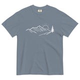 Mountain sunrise line design on a Blue Jean garment-dyed cotton t-shirt