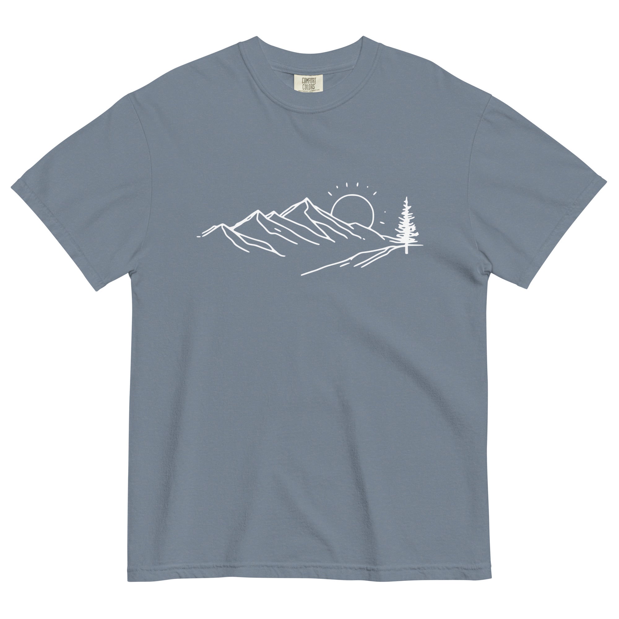 Mountain sunrise line design on a Blue Jean garment-dyed cotton t-shirt