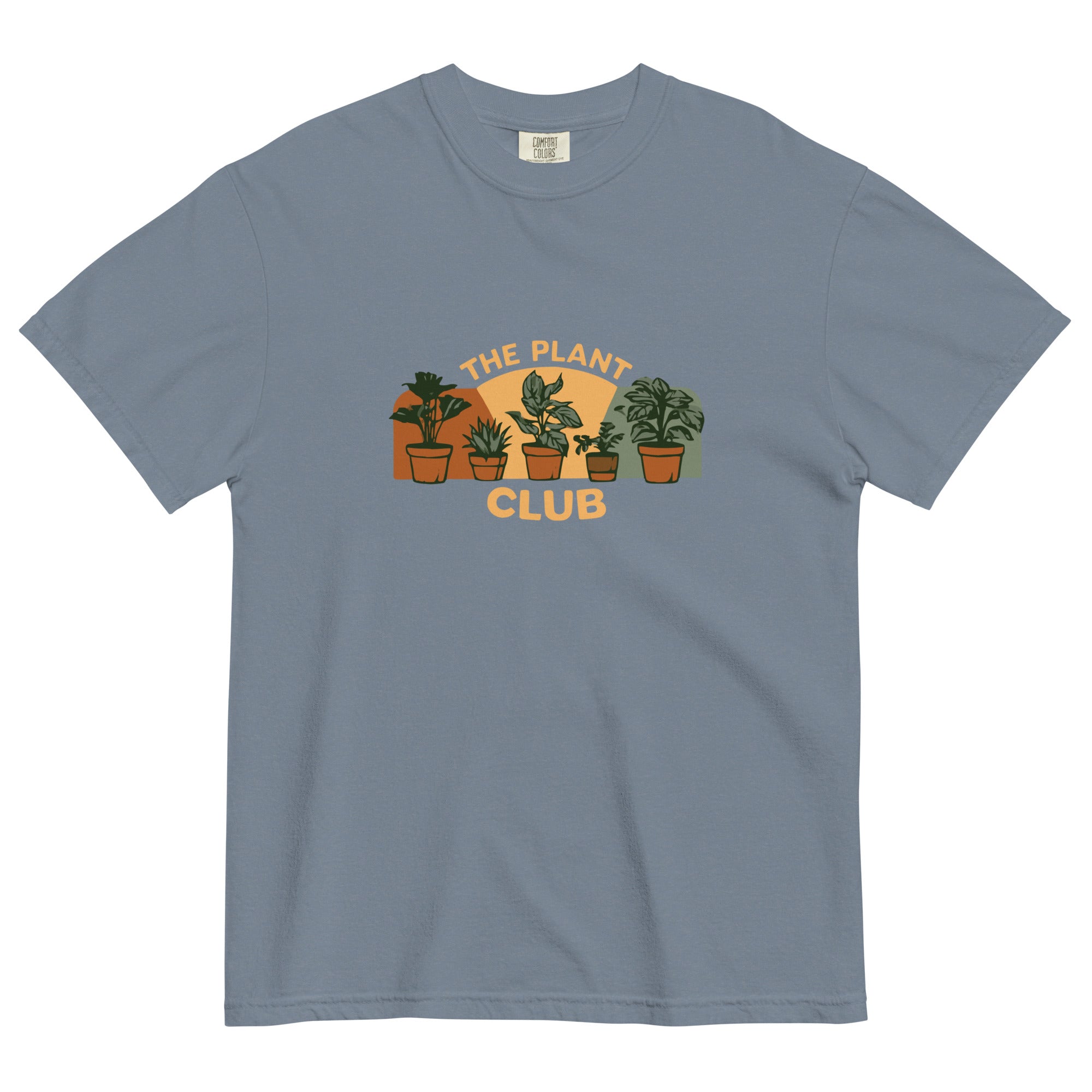 The Plant Club houseplants design on a Blue Jean garment-dyed cotton t-shirt