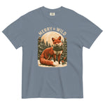 Fox in the snow Christmas design on a Blue Jean garment-dyed cotton t-shirt