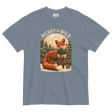 Fox in the snow Christmas design on a Blue Jean garment-dyed cotton t-shirt