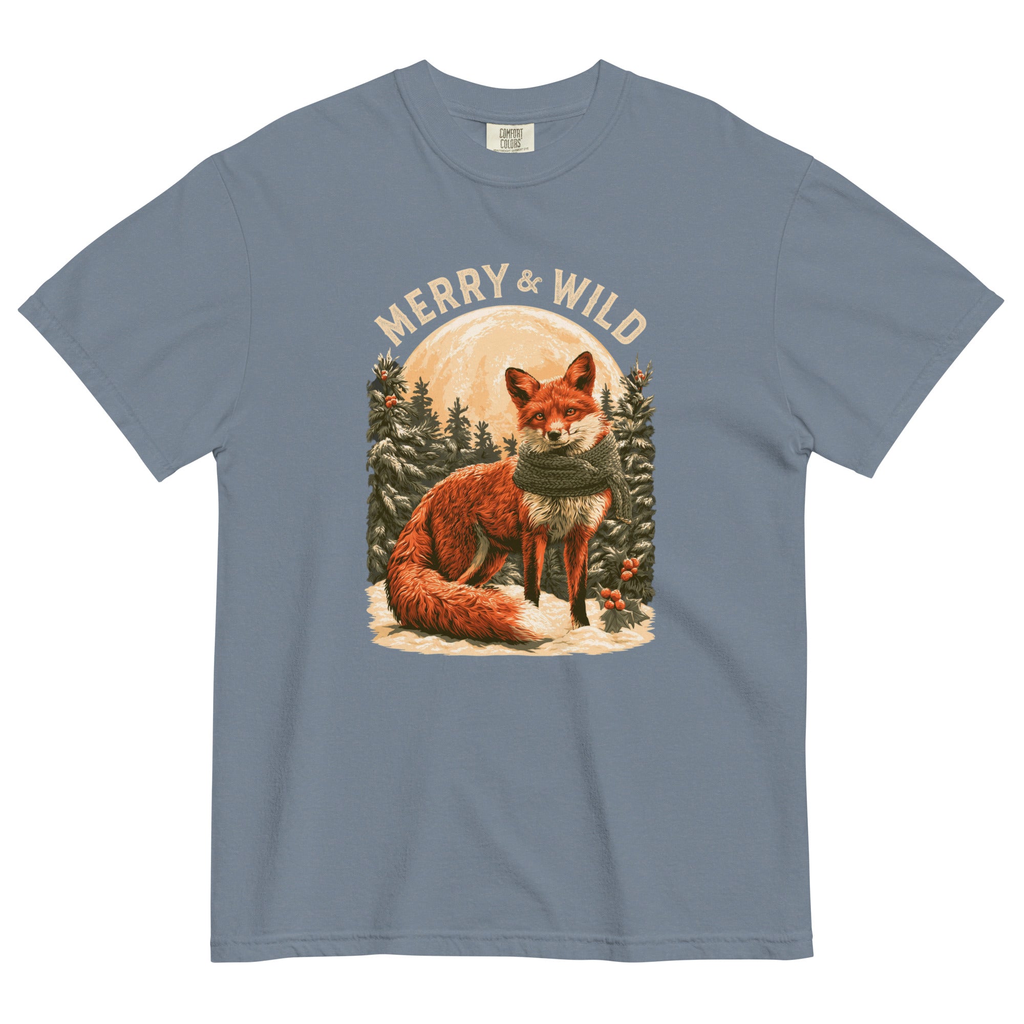 Fox in the snow Christmas design on a Blue Jean garment-dyed cotton t-shirt
