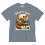 Fox in scarf Christmas design on a Blue Jean garment-dyed cotton t-shirt