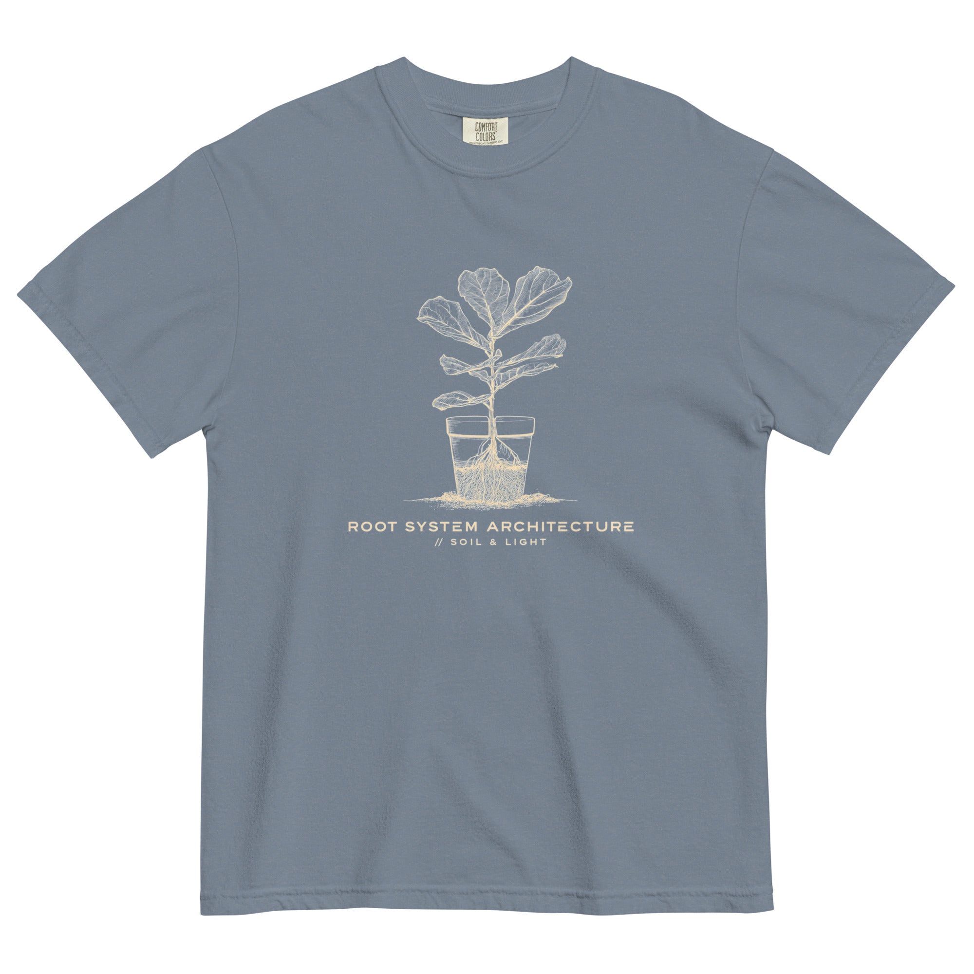 Root system architecture plant design on a Blue Jean garment-dyed cotton t-shirt