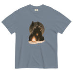 Bear and campfire design on a Blue Jean garment-dyed cotton t-shirt