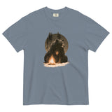 Bear and campfire design on a Blue Jean garment-dyed cotton t-shirt