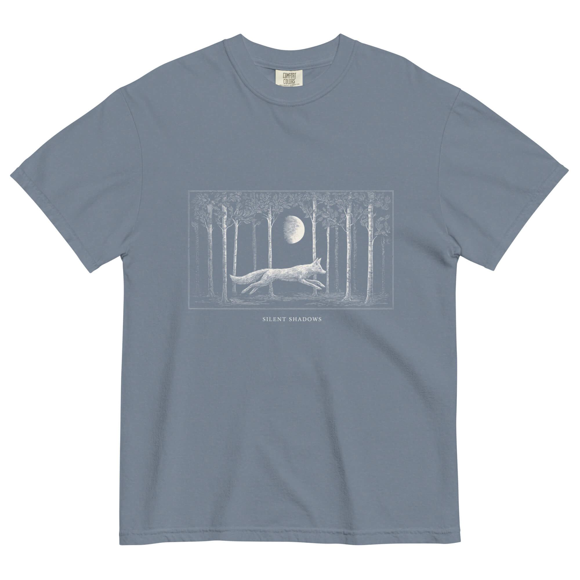 Running fox moonlit forest design on a Blue Jean garment-dyed cotton t-shirt