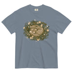 Fox asleep in a Christmas wreath design on a Blue Jean garment-dyed cotton t-shirt