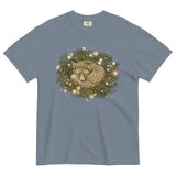 Fox asleep in a Christmas wreath design on a Blue Jean garment-dyed cotton t-shirt