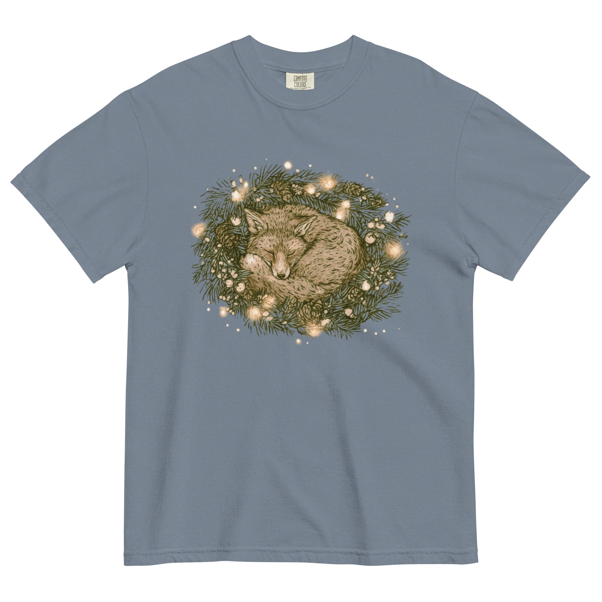 Fox asleep in a Christmas wreath design on a Blue Jean garment-dyed cotton t-shirt