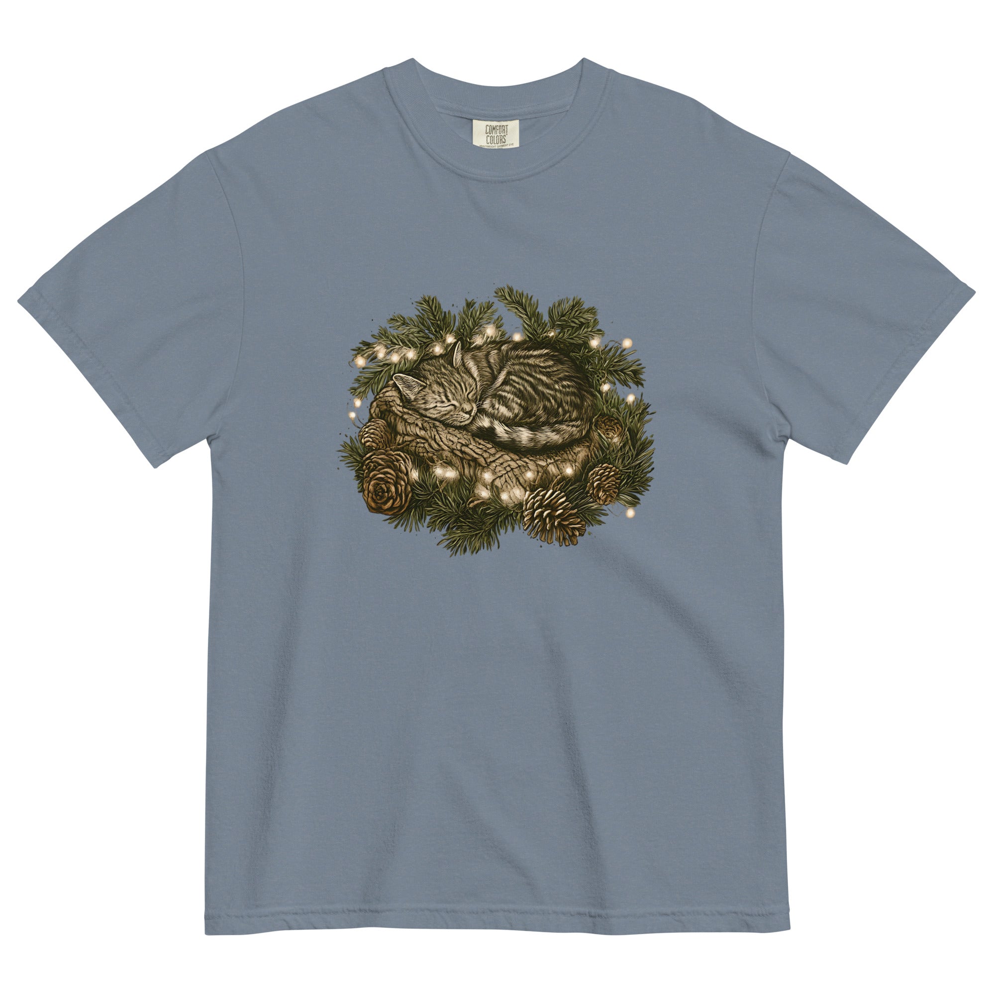 Kitten asleep in a Christmas wreath design on a Blue Jean garment-dyed cotton t-shirt