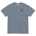 Snowman and pine tree design on a Blue Jean garment-dyed cotton t-shirt