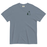 Snowman and pine tree design on a Blue Jean garment-dyed cotton t-shirt