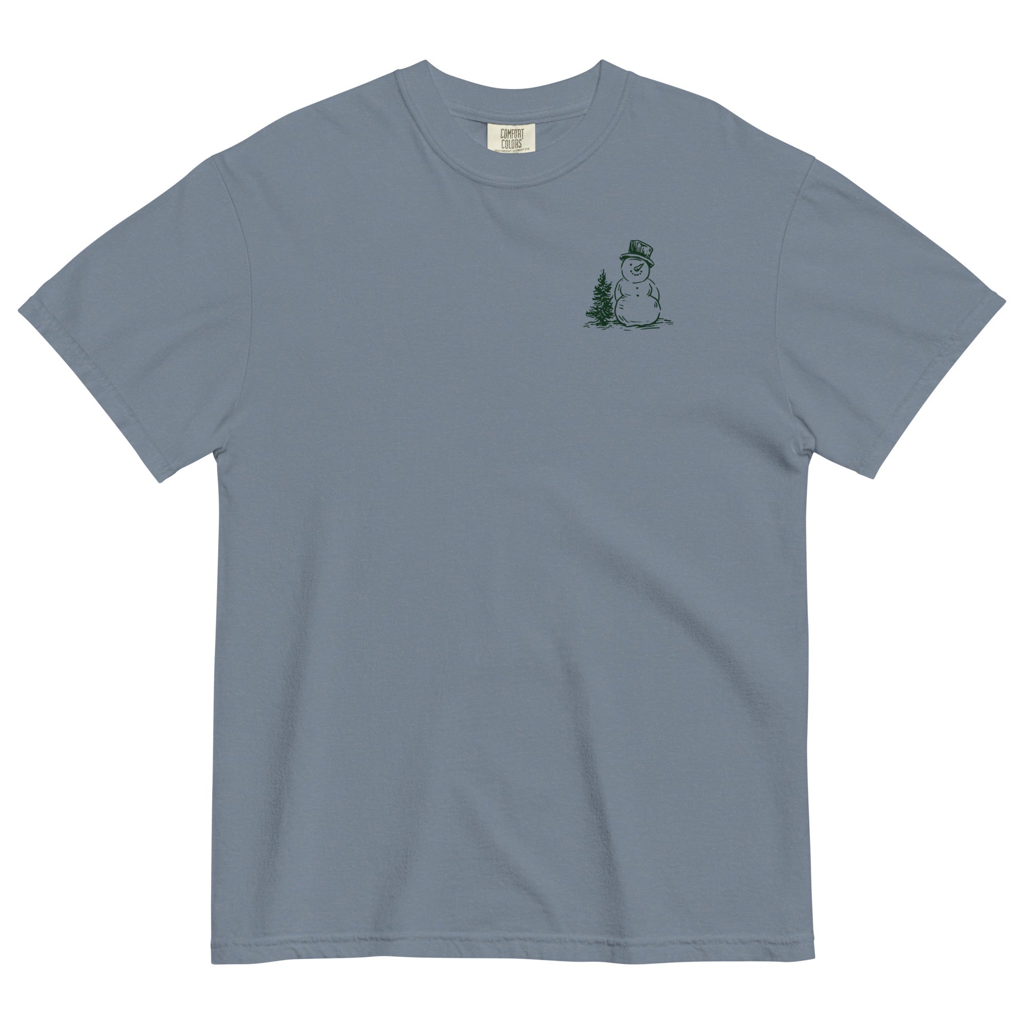 Snowman and pine tree design on a Blue Jean garment-dyed cotton t-shirt
