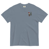 Elf and pine tree design on a Blue Jean garment-dyed cotton t-shirt