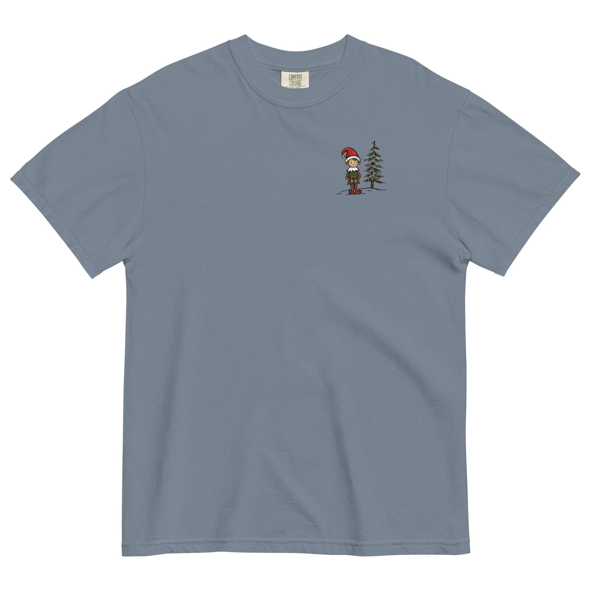 Elf and pine tree design on a Blue Jean garment-dyed cotton t-shirt