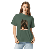 Bear and campfire design on a Blue Spruce garment-dyed cotton t-shirt