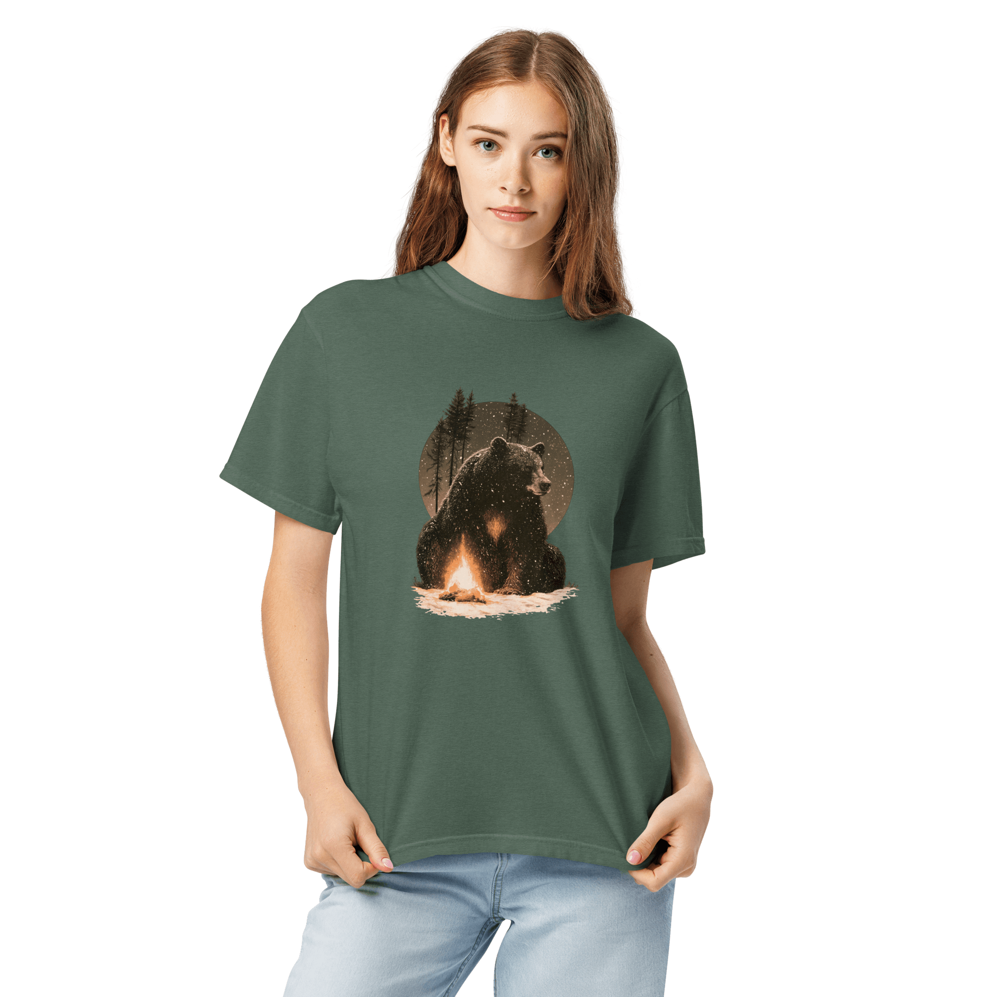 Bear and campfire design on a Blue Spruce garment-dyed cotton t-shirt