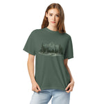 Mountain road and pine forest design on a Blue Spruce garment-dyed cotton t-shirt