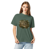 Kitten asleep in a Christmas wreath design on a Blue Spruce garment-dyed cotton t-shirt
