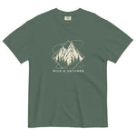 Mountain peaks and orbital rings design on a Blue Spruce garment-dyed cotton t-shirt
