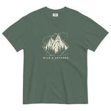 Mountain peaks and orbital rings design on a Blue Spruce garment-dyed cotton t-shirt