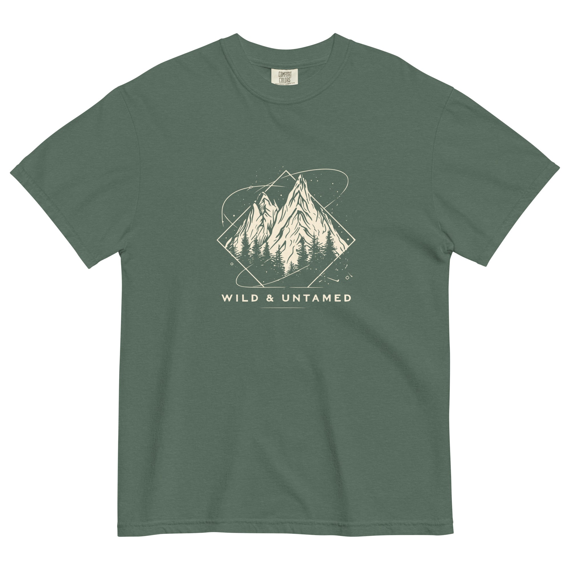 Mountain peaks and orbital rings design on a Blue Spruce garment-dyed cotton t-shirt